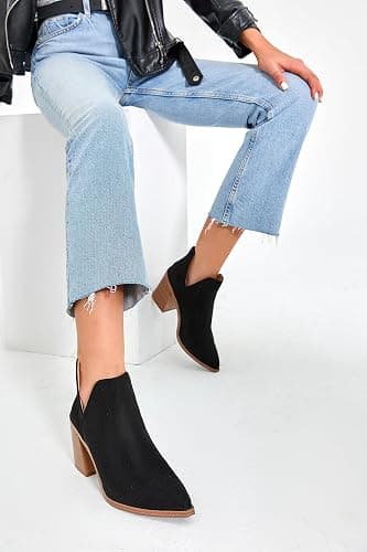Kathemoi Womens Slip on Ankle Boots V Cutout Pointed Toe Chunky Stacked Mid Heel Booties thumbnail 4