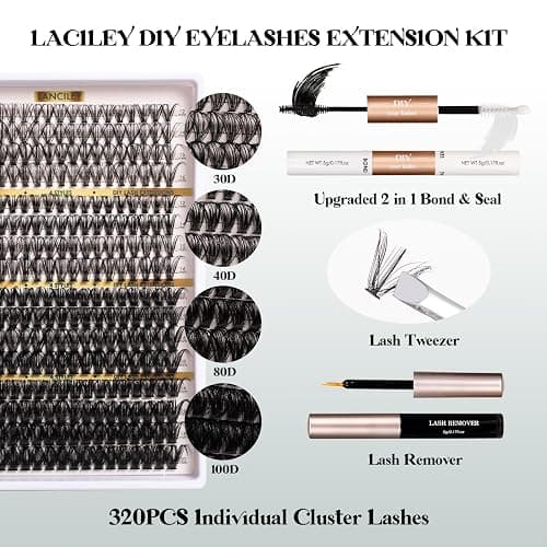 Lash Clusters 320PCS 12-20MM 30D+40D+80D+100D DIY Eyelash Extensions Kit Natural Individual Lashes Thick Volume Eyelash Clusters D Curly Lash Extension kit with Bond + Seal + Remover + Tweezers-4 thumbnail 2