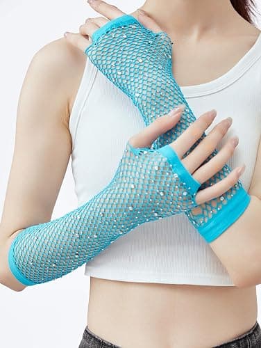 OTPEH Women Fishnet Rhinestone Gloves Fingerless Fish Net Arm Sleeve Warmers 80s Emo Scene Accessories thumbnail 3