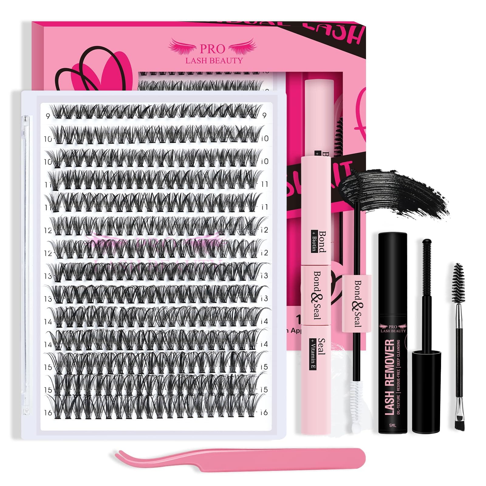 Lash Extension Kit Lash Clusters Eyelash Extension Kit 280Pcs with Lash Applicator Lash Bond and Seal Eyelash Brush Individual Lashes Kit DIY Various Styles Easy to Apply at Home (40D-9-16mix Kit) - Image 1