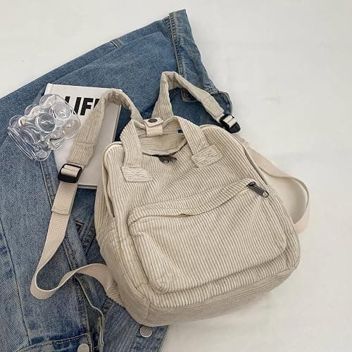 Makukke Small Corduroy Backpack Purse for Women - Vintage Mini Fashion Casual Aesthetic Backpack, Beige thumbnail 4