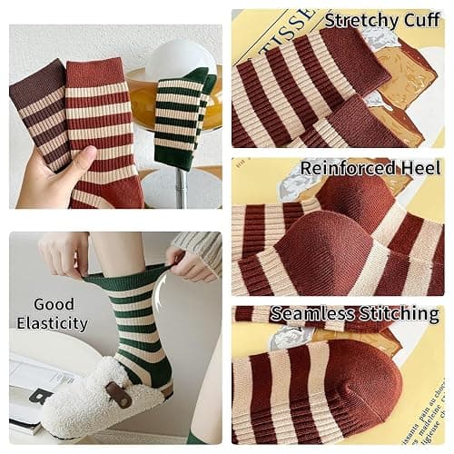 FORJMMP 5/10 Pairs Retro Style Colorful Striped Socks, Cute Athletic Crew socks for Women thumbnail 4