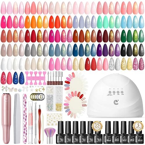 PEACECOLOR 58PCS Gel Nail Polish Set: 35+5 Colours Nail Gel Polish with Drill and Lamp, White Pink Red Nail Kit, Glossy Matte Glitter Base Top Coat, Salon Full Tools Set for Gifts - Image 1
