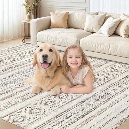 Large Living Room Area Rug 9x12: Soft Machine Washable Boho Moroccan Farmhouse Rugs for Bedroom Under Dining Table - Non-Slip Neutral Morden Indoor Floor Rug Carpet for Home Office Decor - Cream Brown thumbnail 5
