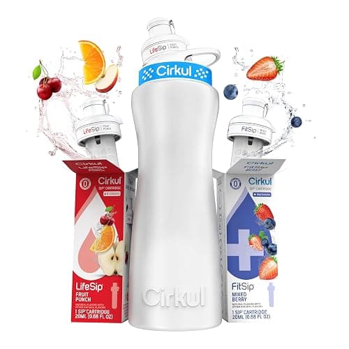 Cirkul 22oz. White Stainless Steel Water Bottle Starter Kit with Blue Lid, 2 Flavor Cartridges (1 LifeSip Fruit Punch and 1 FitSip Mixed Berry) No Sugar, Zero Calorie Drink Mix - Image 1