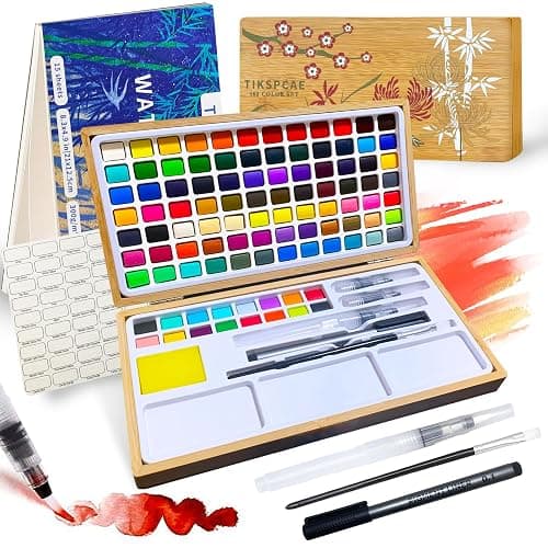 Watercolor Paint Set,100 Colors in Nature Bamboo Box,Portable Water Colors Kit with Papers and Brush Pens,Great for Kids Adults Beginners & Professionals - Image 1