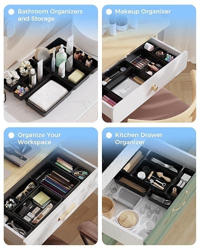 BiuLeon 25 PCS Plastic Drawer Organizers Set, 4-Sizes Vanity and Makeup Organizer, Desk and bathroom Drawer Organizer Trays, Organizers and Storage for Makeup, Jewelry, Gadgets, Utensils (Black) thumbnail 7