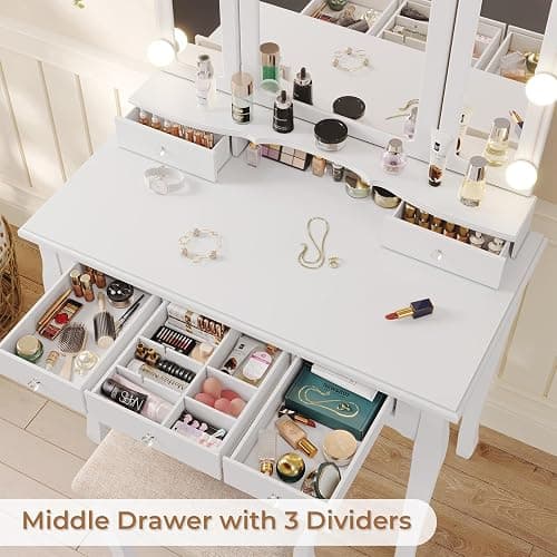 Tiptiper Vanity Table Set with Lighted Tri-Folding Mirror, Makeup Vanity with Lights & 3 Color Lighting Modes, Vanity Desk with Mirror and Cushioned Stool, Makeup Table with 5 Drawers, White thumbnail 5