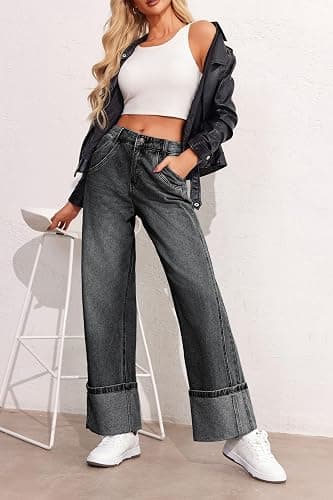 PLNOTME Womens Baggy Jeans Boyfriend Wide Leg Trendy Casual Mid Rise Cuffed Hem Denim Pants with Pockets thumbnail 5