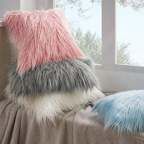 Phantoscope Faux Fur Solid Decorative Pillow Cover Fluffy Throw Pillow Mongolian Luxury Fuzzy Pillow Case Cushion Cover for Bedroom and Couch,Pink 18 x 18 Inches thumbnail 8