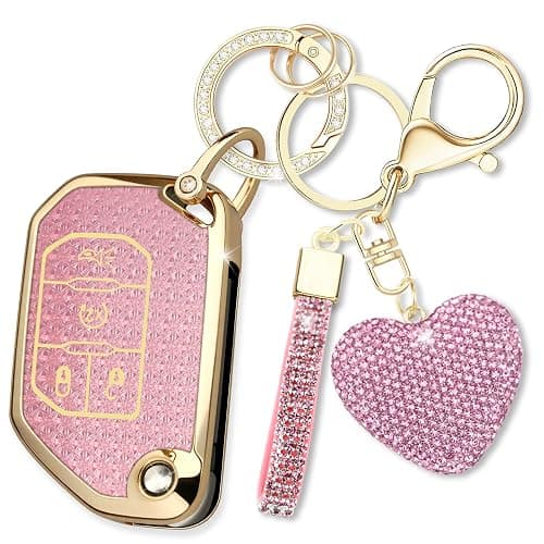 Simocky Compatible with Jeep Key Fob Cover with Keychain, Soft TPU Car Key Shell Case for Women, Compatible with Jeep Wrangler JLU JL Gladiator Rubicon JT Flip Full Cover Protector (4 Buttons-Pink) - Image 1