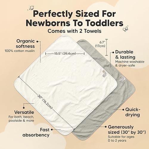 KeaBabies Muslin Hooded Baby Towels for Newborn Girls, Boys - 2-Pack, 30x30 Organic Cotton Baby Bath Towels Hooded, Soft Absorbent, Toddlers, Kids, Infant, Newborn Bath Essentials (Graphite, Petite) thumbnail 3