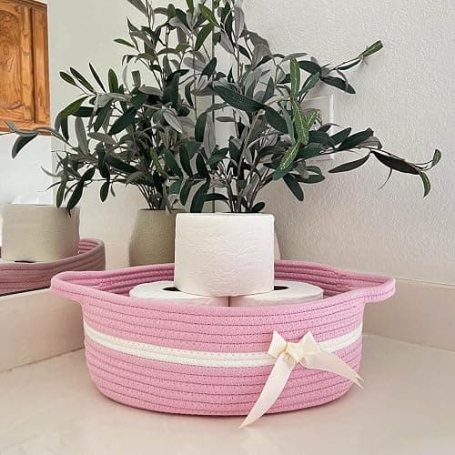 CHICVITA Pink Baby Girl Gift Basket, Small Woven Rope Basket, Rectangle Shelf Baskets for Bathroom, Cute Nursery Storage Baskets for Toys, Diapers, Towels, Snacks, 13 x 9.8 x 5 inches thumbnail 4