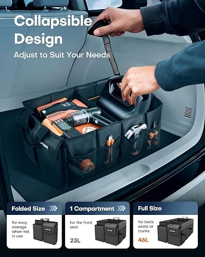 HOTOR Trunk Organizer - Car Organizer, Foldable Trunk organizer for SUVs & Sedans, Sturdy Car Organization for Car Accessories, Tools, Sundries, Black, 2 Compartments, 21.3"×12.6"×10.6" - Medium - Black thumbnail 5
