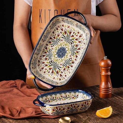 ONECCI Baking Dish Ceramic Baking Pan Blue Casserole Dish Rectangular Baking Set 2pcs Bakeware Sets Single Serving Size Lasagna Pan Baking Dishes for oven (The tulip) thumbnail 2