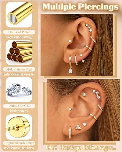 MILACOLATO Hypoallergenic Flat Back Earrings 14K Gold Plated Cartilage Earring Sets for Multiple Piercing 20G Surgical Stainless Steel Earrings for Women Trendy Earring Stacks Small Hoop Flatback Stud Earrings thumbnail 4