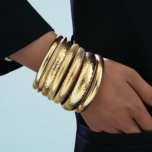 YEEZII Gold Bangle Bracelets for Women, 7Pcs 14K Gold Plated Boho Indian Multi Stackable Textured Bracelets, Chunky Bangles Set for Women Jewelry Gifts thumbnail 7