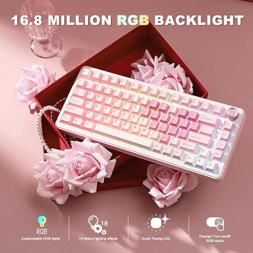 YUNZII B75 PRO Wireless Mechanical Keyboard,75% Layout with Knob,Hot Swap Gasket Custom Structure,Creamy Pre-lubed Switches,RGB Backlit,Bluetooth/Type-C/2.4G for Win/Mac(Cocoa Cream V2 Switch,Pink) - Cocoa Cream V2 Switch - Pink thumbnail 6