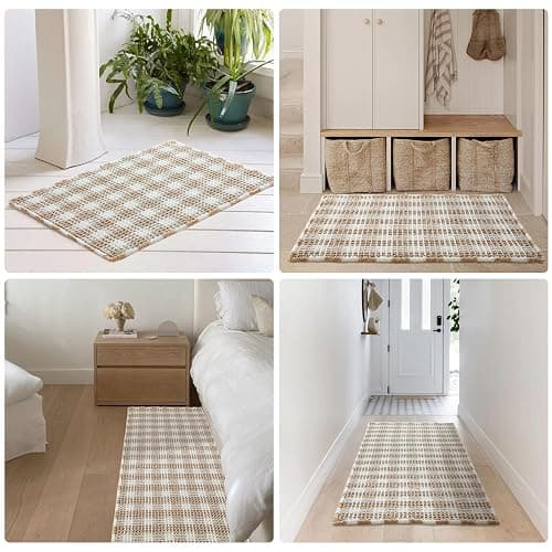 TYUU Waffle Bath Mat, Boho Bathroom Rugs Non Slip Washable Absorbent Checkered Bathroom Mat Quick Dry Farmhouse Bathroom Decor, 30"x20" Khaki and White thumbnail 8