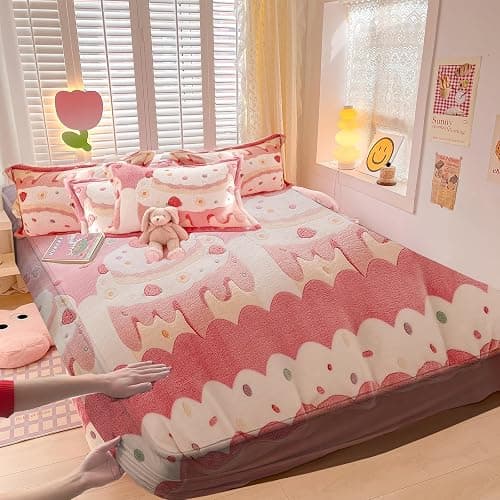 MorroMorn Fleece Twin Fitted Sheet Only, Super Soft Plush Bottom Sheet with 20" Deep Pocket, Pink Kawaii Cute for Girls Kids Teen College Dorm Back to School, No Pillowcases (Cream Cake, Twin Size) - Image 1