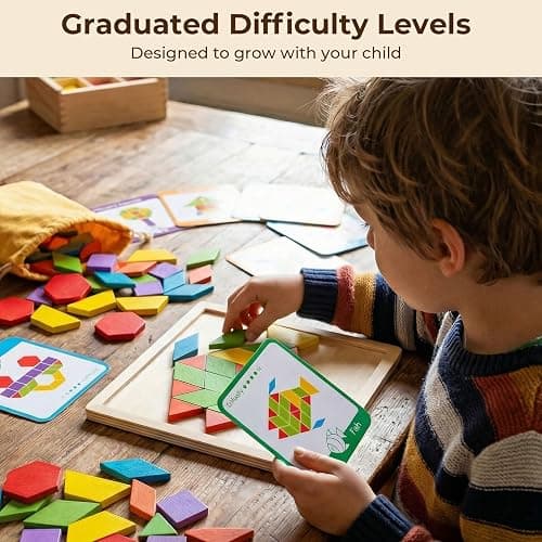 LovesTown 209 PCS Shapes Wooden Pattern Blocks for Kids | Geometric with Activity Cards, Storage Bag, Educational Tangram Puzzles, Great Learning Gift thumbnail 5