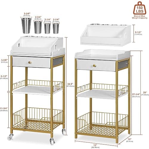 NauwaBarn Makeup Organizer Cart with Drawer, 2-in-1 Rolling Organizer Cart with Hair Tool Holder, Vanity Storage for Skincare, Perfume, Nail Polish, Cosmetics, Gold Finish thumbnail 2