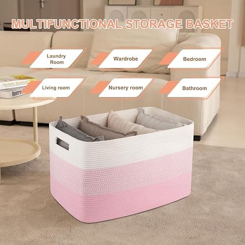 OIAHOMY 108L Super Large Blanket Basket For Living Room, 25”x16”x16” Rectangle Woven Baskets For Storage, Toy Storage with Handle - Pink&White thumbnail 5