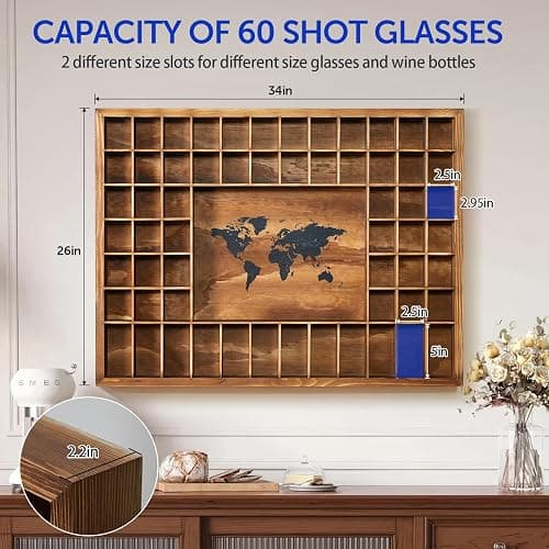 Tristcily Large Shot Glass Display Case with World Map,60 Slots, 34 X 26 Inch Rustic Wood Shot Glass Display Cabinet for 2 Size -In Rooms Bars Wine Cellars with Shot Glasses Jewelry Shell & Keepsakes thumbnail 2