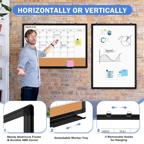 Monthly Calendar Whiteboard Dry Erase Cork Board Combo, 24" x 18" Magnetic Double-Sided Calendar White Board and Bulletin Board with Black Aluminium Frame, Portable Whiteboard for Office, Home, School thumbnail 7