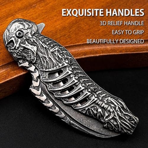 VALHALLA REAPER Skull Pocket Knife, Pocket Folding Knife With 3D Hollowed-out Skull, EDC Pocket Knife For Men Outdoor Camping Hiking Hunting thumbnail 4