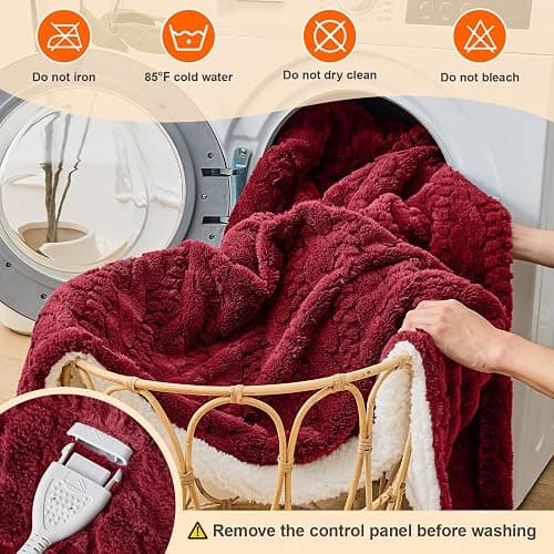 Easthome Electric Heated Blanket Queen Size Dual Control - Jacquard Shaggy Sherpa 84"x90" Fast Heating Bed Blankets with 6 Heating Levels & 10 Hours Auto Off, Over-Heat Protection ETL, Red thumbnail 7