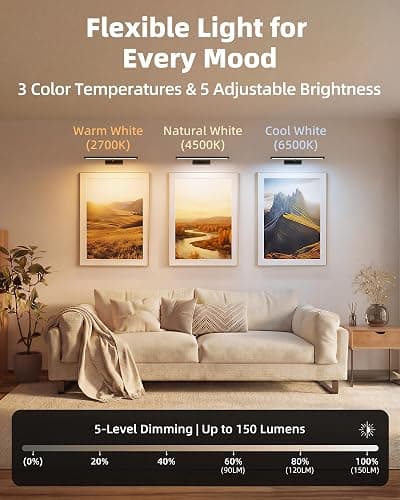EZVALO Picture Light for Wall, Built-in 4800mAh Rechargeable Wireless Battery Lights for Painting, 16In Dimmable Remote Magnetic LED Art Light, Colors Temperatures, for Gallery, Living Room(Black-3P) thumbnail 7