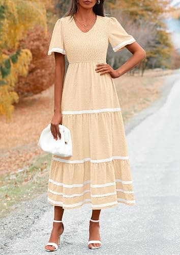 PRETTYGARDEN Women's Casual Summer Maxi Dress Short Sleeve Swiss Dot V Neck Smocked Long Flowy Beach Dresses thumbnail 4