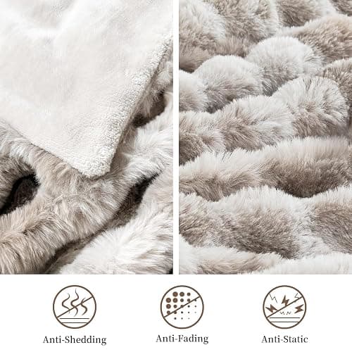 Faux Rabbit Fur Throw Blanket for Couch, Fluffy Warm Plush Thick Bubble Blanket for Bed Sofa Living Room, Soft Cozy Furry Blanket, 50x60 inches, Tie-dye Khaki thumbnail 3