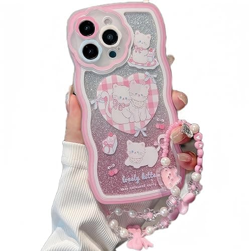 XAMMUE Compatible with iPhone 15 Plus case,Cute Wavy Edge Shell,Kawaii Kitty cat Love Heart,Bow Cherry,Cake Pattern with Cute Bracelet,eco-Friendly and Durable TPU Material for Women and Girls - Image 1