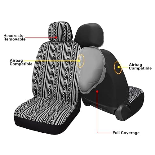Pariitadin Baja Saddle Blanket Car Seat Covers Full Set with Seat Belt Pads, Washable Breathable Striped Woven Cloth Seat Covers for Cars, Universal Fit Most Cars, Airbag Compatible, Black/White thumbnail 4