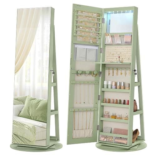SONGMICS 6 LEDs Lockable Mirror Jewelry Cabinet, 360° Swivel Jewelry Organizer Armoire Standing, Frameless Full-Length Mirror, 3 Storage Shelves, Laurel Green Surface, Cream White Lining UJJC007C01 - Image 1