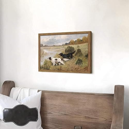 Wood Framed Vintage Dog Wall Art, Retro Country Hunting Dog Animal Canvas Wall Decor Paintings, Antique Rustic Farmhouse River Landscape Posters Prints Pictures for Living Room Gallery 16x24 Inch thumbnail 9