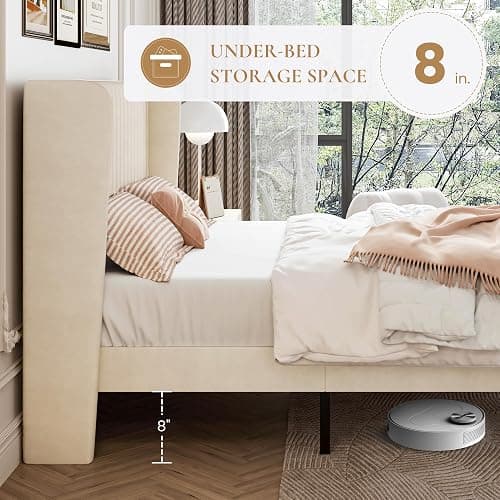 SHA CERLIN Queen Size Velvet Bed Frame, Tufted Wingback Headboard, Cream | 47'' Modern Vertical Channel Headboard, Upholstered Platform Bed, Wood Slats, No Box Spring Needed, Easy Assembly, Noise Free thumbnail 6