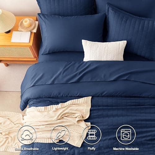 CozyLux King Size Comforter Set Navy Blue Seersucker 7 Pieces Bed in a Bag King Comforter Set with Sheets, Luxury Bedding Set with Down Alternative Comforter, Sheets, Pillowcases & Shams All Seasons thumbnail 2