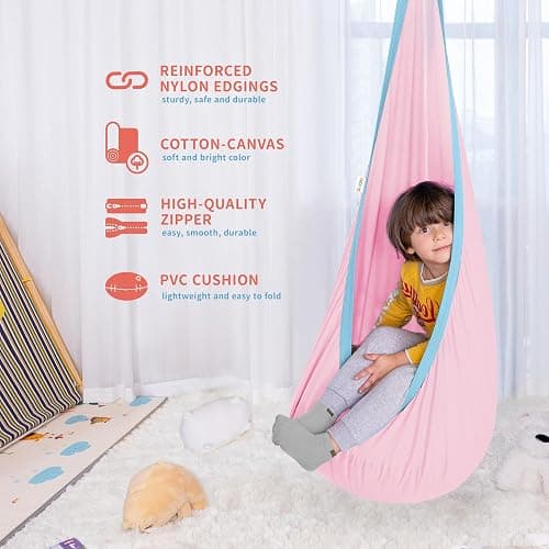 OUTREE Kids Pod Swing Seat, Cotton Child Hammock Swing Chair, Sensory Swing for Indoor and Outdoor Use, Macaron Pink thumbnail 7