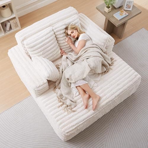 JEEOHEY 56" Oversized Chaise Lounge Chair Indoor,Plush Faux Fur Sleeper Sofa Couch Bed with Pillows&Wide Armrests,Fluffy Comfy Cloud Couch,Compression Foam Couch for Living Room,Bedroom(Beige) thumbnail 5
