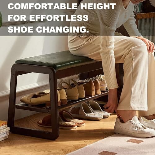 Solid Wood Shoe Bench, 2-Tier Wooden Storage Entryway Bench, Mid-Century Modern Shoe Bench Rack, End of Bed Bench with Faux Leather Cushion, Ottoman Bench for Hallway, Living Room (Walnut, 31.5'') thumbnail 5