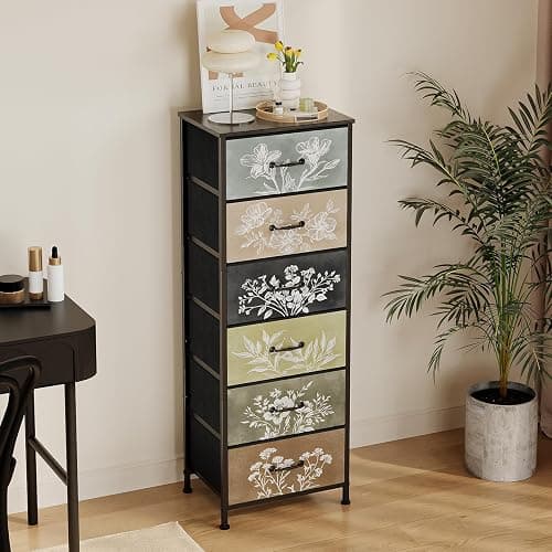 Tohomeor Vintage Dresser Vertical Nightstand with Neutral Botanical Plant Fabric Chest Drawers for Closet Bathroom Storage Tower Unit Bed Side Organizer Farmhouse Rustic (Multi, 6 Drawers) thumbnail 6