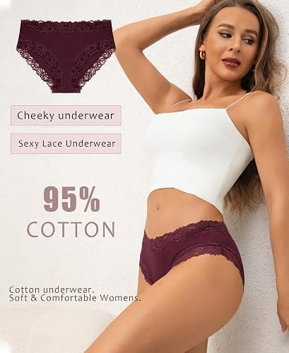 FINETOO Womens Underwear Cotton Bikini Underwear for Women Lace Wasit Hipster Panties Soft Breathable Briefs 6 Pack thumbnail 3