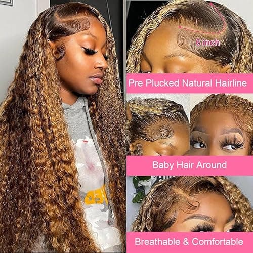 ZZMDS 28 Inch 13x6 Highlight Ombre Deep Wave Lace Front Wigs Human Hair Pre Plucked #4/27 Colored Glueless Wigs Water Wave Honey Blonde Curly Lace Frontal Wigs Human Hair for Women thumbnail 3