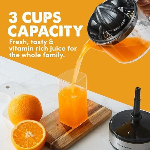 Elite Gourmet ETS623 BPA-Free 40-Watt Electric Citrus Juicer, Compact, Large Volume, Pulp Control, Oranges, Lemons, Limes, Grapefruits with Easy Pour Spout, 24oz, Black/Stainless Steel thumbnail 5