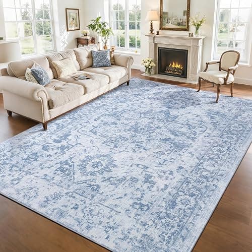 Area Rug 8x10, Washable Rug for Living Room, Large Area Rugs for Bedroom, Vintage Rug 8x10 for Dining Room, Non Slip Soft Low Pile Indoor Carpet for Kitchen, Nursery, Office, Farmhouse, Blue thumbnail 3
