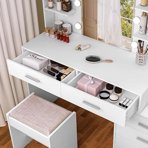 Quimoo 48" Large Vanity Desk with Mirror & Lights, Makeup Vanity Table with 6 Drawers & Power Outlet, 6 Open Storage Shelves, Vanity Desk Set with Stool, for Women Girls, White thumbnail 4