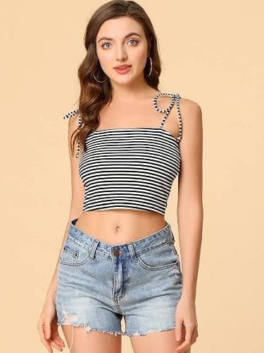 Allegra K Women Rainbow Striped Tie Spaghetti Straps Summer Cami Tops | Stretchy soft jersey. Colorful print. Sleeveless cropped short style. thumbnail 4